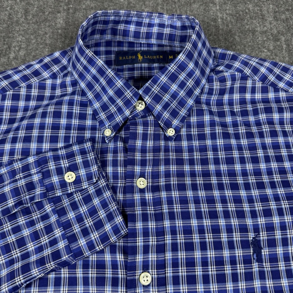 Ralph Lauren Men's M Blue Plaid Long Sleeve Button Down Shirt Pony Logo Cotton